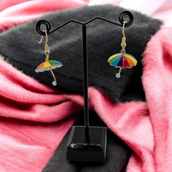 Colorful Umbrella Earrings Gold Dangle Rainy Day Shiny Acrylic Pearl Casual New - Picture 3 of 6